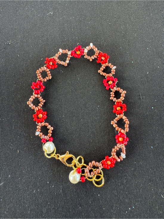 Hand Crafted Jewelry - Handcrafted Red Beaded Flower Bracelet with Gold Accents